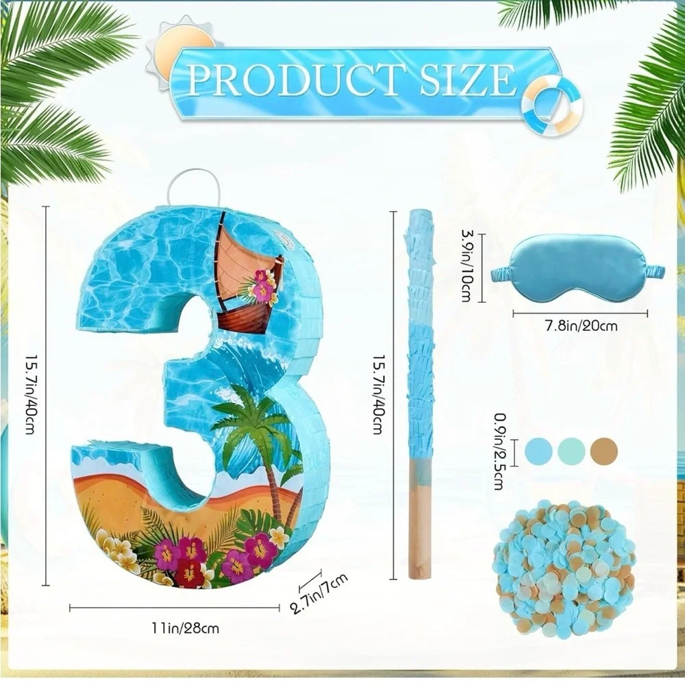 Tropical Beach Number 3 Pinata - Includes Stick, Blindfold & Confetti